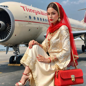 Standing confidently in front of an airplane, showcasing its grandeur, adorned in stylish heels and a cream-colored wedding ensemble with a red veil. Carrying a spacious carry bag, my hands adorned with a golden bracelet, and my hair adorned with jingling accessories