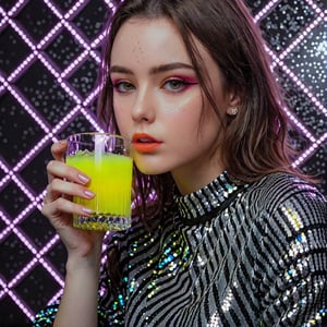 skinny woman (((drinking whiekey))) in a minimalist style portrait. she stands in a vibrant setting surrounded by black/gray/silver foil and math/op art, basking in a deep neon ambience. sequins, glitters, and crystal dust, creating a captivating glowing effect,,,,,