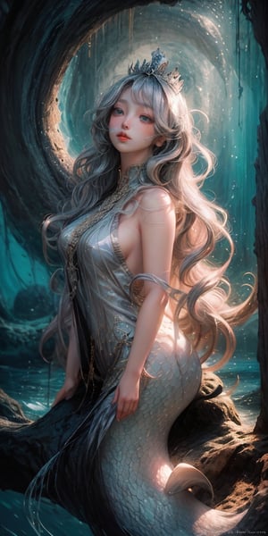 cute korean large-eyed girl, 
Mermaid queen, big & tall, long curly hair, platinum golden Silver hair, blowing hair, deep grey eyes, sharp nose, angry mouth , tall & big body, naked top & fish nail bottom , fish tail, in deep sea , at very mysterious air, 
masterpiece, best Quality, Tyndall effect, good composition, highly details, warm soft light, three-dimensional lighting, volume lighting, Film lighting, cinematic lighting, 
,       