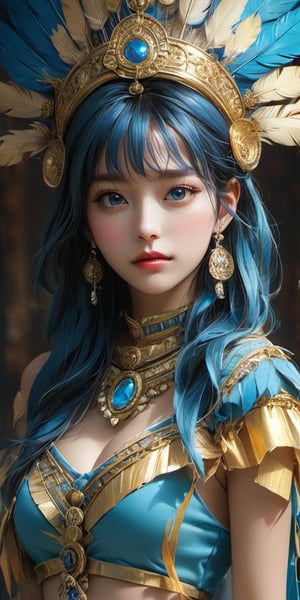 cute korean large-eyed girl, bangs, 
A white skin mayan queen all blue and gold elaborate outfit, with huge headpiece center piece, blue/gold makeup with oversized headdress with long bird feathers, with depth of field, fantastical edgy and regal themed outfit, captured in vivid colors, model, 
masterpiece, croquis, fairytale oil painting, beauty legs, dark atmosphere rough texture, highly details, best Quality, Tyndall effect, good composition, volume lighting, Film light, dynamic lighting, cinematic lighting, 
,               ,