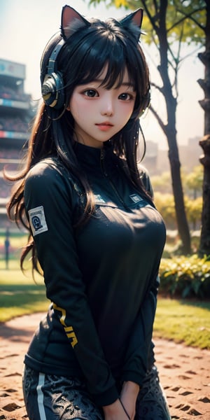 cute korean large-eyed girl,
The cat stands on the jogging track of the sports field, wearing a dark-colored tight-fitting sports jersey. The garment fits snugly and is fashionable, with trendy patterns or words printed on it. It wears fashionable headphones or a hat on its head,  
masterpiece, best Quality, Tyndall effect, good composition, highly details, warm soft light, three-dimensional lighting, volume lighting, Film lighting, cinematic lighting, 

,  