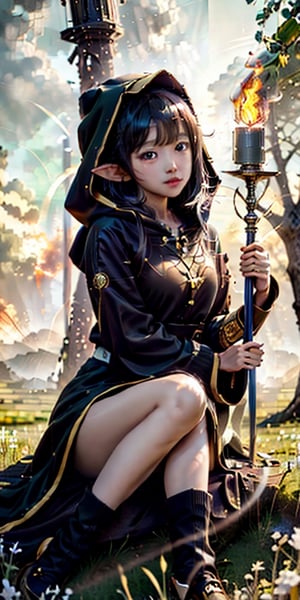 cute korean large-eyed girl, slender face, bangs, sitting, 
elf, wizard, magic effect, fireelement, swirling flames, hood, staff, meadow, super detailed background, style-swirlmagic:0.6, 
masterpiece, best Quality, Tyndall effect, good composition, highly details, warm soft light, three-dimensional lighting, volume lighting, Film lighting, cinematic lighting, 