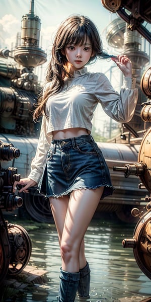 cute korean large-eyed girl, 
dynamic pose,
contrast style, cultivation_tank, underwater,  in_container, factory, surrounded by machine, green luminant water bubble, round shirt, short jean skirt, 
masterpiece, best Quality, Tyndall effect, good composition, highly details, warm soft light, three-dimensional lighting, volume lighting, Film lighting, cinematic lighting,