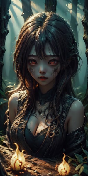 cute korean large-eyed girl, sitting, 
Creepy looking ghost in dark forest, boy looking in front of girl looking behind in shock running away, horror fantasy art, dark fantasy horror art, art for dark metal music, fantasy horror art, dark fantasy artwork, eerie and scary art style, dark fantasy art, horror artwork, horror art, dark fantasy art, scary art, horror themed art, horror artwork at luxurious,
masterpiece, best Quality, Tyndall effect, good composition, highly details, warm soft light, three-dimensional lighting, volume lighting, Film lighting, cinematic lighting

,