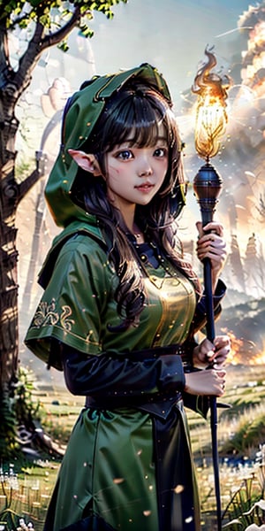 cute korean large-eyed girl, slender face, bangs, 
elf, wizard, magic effect, fireelement, swirling flames, hood, staff, meadow, super detailed background, style-swirlmagic:0.6, 
masterpiece, best Quality, Tyndall effect, good composition, highly details, warm soft light, three-dimensional lighting, volume lighting, Film lighting, cinematic lighting, 