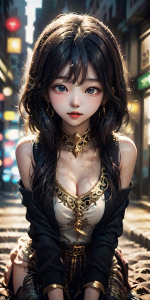 cute korean large-eyed girl, 
adventurer girl wearing gold jewelry in the streets of a city in the Western Sahara, fluid motion, 
masterpiece, best Quality, Tyndall effect, good composition, highly details, warm soft light, three-dimensional lighting, volume lighting, Film lighting, cinematic lighting, 
,     , ,