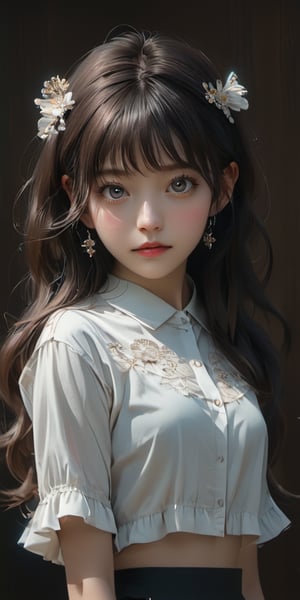 cute korean large-eyed girl, bangs, 
glowing brain center stage, surrounded by intricate moving gears, interconnected mechanisms, 
school uniform, 
masterpiece, croquis, fairytale oil painting, beauty legs, dark atmosphere rough texture, highly details, best Quality, Tyndall effect, good composition, volume lighting, Film light, dynamic lighting, cinematic lighting, 
,               ,