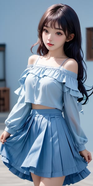 cute korean large-eyed girl, bangs, Dark-blue hair, absurdly long hair, long side_ponytail, (casual clothing, skirt, off shoulder, sleeves past fingers, long sleeves, sleeves past wrists:1.4), (beatiful, young, cute, loli:1.4), (daily background:1.3), (pale skin:1.2),  
masterpiece, highly details, best Quality, Tyndall effect, good composition, volume lighting, Film light, dynamic lighting, cinematic lighting, 
,               ,