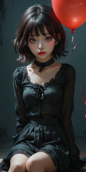 cute korean large-eyed girl, bangs,
sitting,  
dark aesthetic, A creepy dark humanoid figure, holding a red balloon, scary, eerie, stunning fantasy illustration, dark details, attention to detail, fantasy, 
masterpiece, croquis, fairytale oil painting, beauty legs, dark atmosphere rough texture, highly details, best Quality, Tyndall effect, good composition, volume lighting, Film light, dynamic lighting, cinematic lighting, 
,               ,