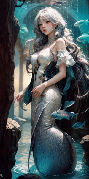 cute korean large-eyed girl, 
Mermaid queen, big & tall, long curly hair, platinum golden Silver hair, blowing hair, deep grey eyes, sharp nose, angry mouth , tall & big body, naked top & fish nail bottom , fish tail, in deep sea , at very mysterious air, 
masterpiece, best Quality, Tyndall effect, good composition, highly details, warm soft light, three-dimensional lighting, volume lighting, Film lighting, cinematic lighting, 
,       