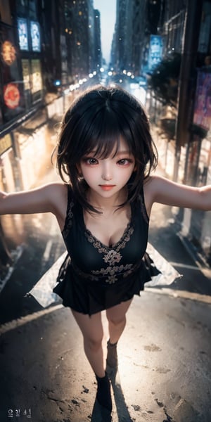 cute korean large-eyed girl, 
falling, midair, multi-colored hair, long straight hair, floating_hair, multi-colour eyes, tear, casual dress, outstretched_arms, reaching, cowboy shot, city, focus on face, Mauve cityscape, Overdetailed art, beautiful, hardcore, from_above,   
masterpiece, best Quality, Tyndall effect, good composition, highly details, warm soft light, three-dimensional lighting, volume lighting, Film lighting, cinematic lighting, 
,      