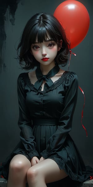 cute korean large-eyed girl, bangs,
sitting,  
dark aesthetic, A creepy dark humanoid figure, holding a red balloon, scary, eerie, stunning fantasy illustration, dark details, attention to detail, fantasy, 
masterpiece, croquis, fairytale oil painting, beauty legs, dark atmosphere rough texture, highly details, best Quality, Tyndall effect, good composition, volume lighting, Film light, dynamic lighting, cinematic lighting, 
,               ,