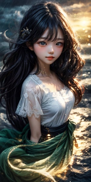 cute korean large-eyed girl,
 floating, dynamic angle, perspective, very strong wind, windy, typhoon, hurricane, storm, , floating hair, tropical island, , beautiful scenary, 
masterpiece, highly details, best Quality, Tyndall effect, good composition, free composition, spatial effects, lively and deep art, warm soft light, three-dimensional lighting, volume lighting, back lighting hair, Film light, dynamic lighting,

