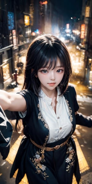 cute korean large-eyed girl, 
falling, midair, multi-colored hair, long straight hair, floating_hair, multi-colour eyes, tear, casual dress, outstretched_arms, reaching, cowboy shot, city, focus on face, Mauve cityscape, Overdetailed art, beautiful, hardcore, from_above,   
masterpiece, best Quality, Tyndall effect, good composition, highly details, warm soft light, three-dimensional lighting, volume lighting, Film lighting, cinematic lighting, 
,      