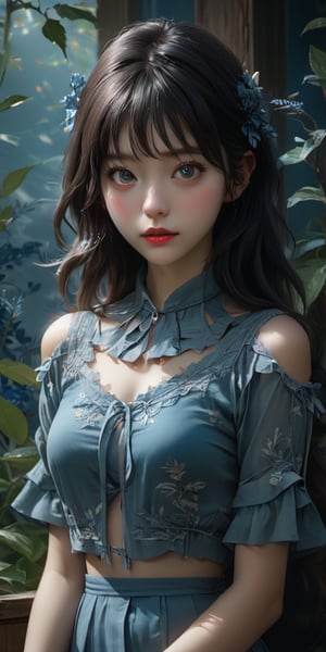 cute korean large-eyed girl, bangs, 
An open book sitting on top of a table, intricate alien botanicals, an indigo forest in korea, 
masterpiece, croquis, fairytale oil painting, beauty legs, dark atmosphere rough texture, highly details, best Quality, Tyndall effect, good composition, volume lighting, Film light, dynamic lighting, cinematic lighting, 
,               ,