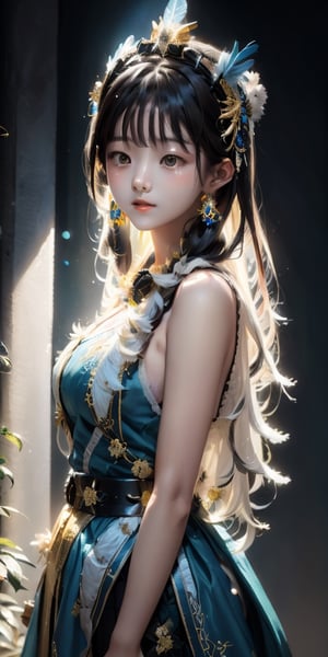 a cute korean girl large-eyed girl, bangs, long wavy hair,  
A white skin mayan queen all blue and gold elaborate outfit, with huge headpiece center piece, blue/gold makeup with oversized headdress with long bird feathers, with depth of field, fantastical edgy and regal themed outfit, ,
octane rendering, ray tracing, 3d rendering, masterpiece, best Quality, Tyndall effect, good composition, highly details, warm soft light, three-dimensional lighting, volume lighting, Film light