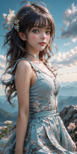 cute korean large-eyed girl, bangs, 
flower, zentangle, art nouveau, full body, ((jumping pose)), (horizon:1.3), sky, cloud, rich round moon, 
masterpiece, highly details, best Quality, Tyndall effect, good composition, volume lighting, Film light, dynamic lighting, cinematic lighting, 
,               ,