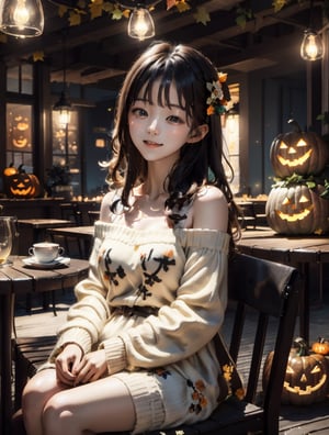 a cute korean girl large-eyed girl, bangs, long wavy hair, off shoulder, sitting on chair, 
Halloween party in a cafe, dressed in cute animal onesies, surrounded by autumn-themed decorations. Vibrant cafe lighting enhances the cozy, festive atmosphere, 
octane rendering, ray tracing, 3d rendering, masterpiece, best Quality, Tyndall effect, good composition, highly details, warm soft light, three-dimensional lighting, volume lighting, Film light