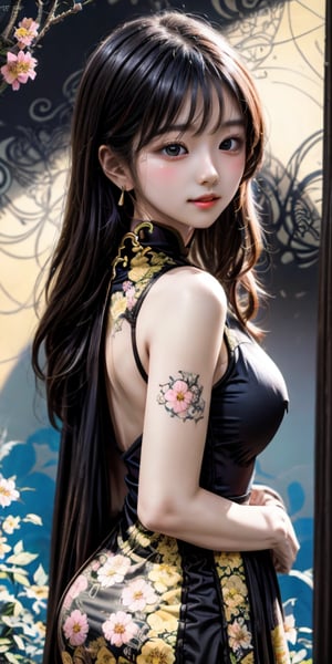 cute korean large-eyed girl, bangs, long wavy hair, 
(flowers:1.3),(zentangle:1.2), (dynamic pose), (abstract background:1.3), (chinese dress:1.2), (shiny skin), (many colors:1.4),jewelry, earrings,  
masterpiece, highly details, best Quality, Tyndall effect, good composition, free composition, spatial effects, lively and deep art, warm soft light, three-dimensional lighting, volume lighting, back lighting hair, Film light, dynamic lighting,

,movicomics