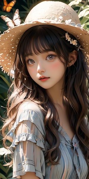 cute korean large-eyed girl, bangs, 
botanical garden, dappled sunlight, exotic flora, straw hat, boho maxi dress, loose wavy hair, curious, focused look, sketching flowers, butterflies fluttering,  
masterpiece, highly details, best Quality, Tyndall effect, good composition, volume lighting, Film light, dynamic lighting, cinematic lighting, 
,               ,