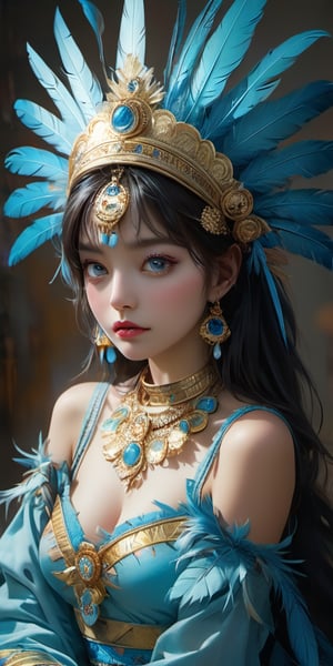 cute korean large-eyed girl, bangs, 
sitting, from above, 
A white skin mayan queen all blue and gold elaborate outfit, with huge headpiece center piece, blue/gold makeup with oversized headdress with long bird feathers, with depth of field, fantastical edgy and regal themed outfit, captured in vivid colors, model, 
masterpiece, croquis, fairytale oil painting, beauty legs, dark atmosphere rough texture, highly details, best Quality, Tyndall effect, good composition, volume lighting, Film light, dynamic lighting, cinematic lighting, 
,               ,