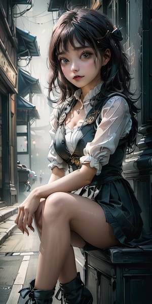 cute korean large-eyed girl, bangs,
sitting, girl in the streets of a city in the Western steampunk, 
masterpiece, croquis, fairytale oil painting, dark atmosphere rough texture, dark details, beauty leg focus, black eyes, incredible quality, highly details, best Quality, cinematic quality, Tyndall effect, good composition, volume lighting, Film light, dynamic lighting, cinematic lighting, 