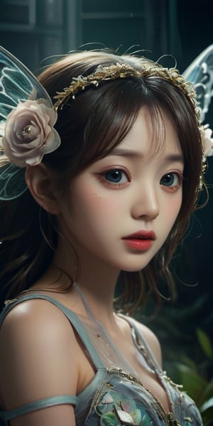 cute korean large-eyed girl,  
Photorealism of a fairy with large, detailed wings with a net-like structure and an iridescent sheen, giving them an almost holographic appearance. Her hair is styled with flowers and crystal embellishments which add to her ethereal beauty. The dark, foggy background gives the feeling of a mysterious or enchanted realm, enhancing the fairy's otherworldly presence. The overall atmosphere is one of dark fantasy and delicate beauty, 
masterpiece, highly details, best Quality, Tyndall effect, good composition, volume lighting, Film light, dynamic lighting, cinematic lighting, 

,               ,