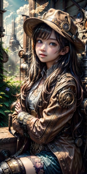 1girl, steampunk style, 
crossed arms, 
scenery, solo, broun long hair, hat, sitting, jacket, school uniform, wings, sky, cloud, goggles, gears, mechanical wings, heliotrope flowers, petals, 
masterpiece, best Quality, Tyndall effect, good composition, highly details, warm soft light, three-dimensional lighting, volume lighting, Film lighting, cinematic lighting