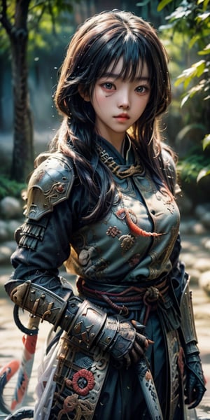 cute korean large-eyed girl,
there is a dog with a fish and a sword on a white background, samurai dog, dog warrior, armored dog, anthropomorphic dog ninja, samurai deity with koi armor, 
masterpiece, best Quality, Tyndall effect, good composition, highly details, warm soft light, three-dimensional lighting, volume lighting, Film lighting, cinematic lighting, 
,    