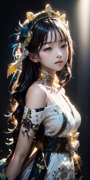 a cute korean girl large-eyed girl, bangs, long wavy hair, off shoulder, 
A white skin mayan queen all blue and gold elaborate outfit, with huge headpiece center piece, blue/gold makeup with oversized headdress with long bird feathers, with depth of field, fantastical edgy and regal themed outfit, ,
octane rendering, ray tracing, 3d rendering, masterpiece, best Quality, Tyndall effect, good composition, highly details, warm soft light, three-dimensional lighting, volume lighting, Film light