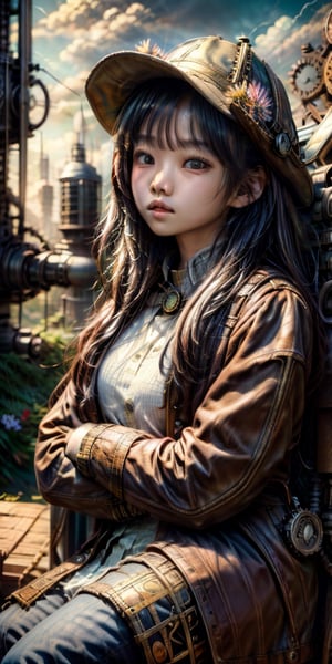 cute korean large-eyed girl, steampunk style, 
crossed arms, 
scenery, solo, broun long hair, hat, sitting, jacket, school uniform, wings, sky, cloud, goggles, gears, mechanical wings, heliotrope flowers, petals, 
masterpiece, best Quality, Tyndall effect, good composition, highly details, warm soft light, three-dimensional lighting, volume lighting, Film lighting, cinematic lighting