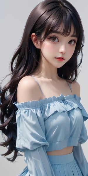 cute korean large-eyed girl, bangs, Dark-blue hair, absurdly long hair, long side_ponytail, (casual clothing, skirt, off shoulder, sleeves past fingers, long sleeves, sleeves past wrists:1.4), (beatiful, young, cute, loli:1.4), (daily background:1.3), (pale skin:1.2),  
masterpiece, highly details, best Quality, Tyndall effect, good composition, volume lighting, Film light, dynamic lighting, cinematic lighting, 
,               ,