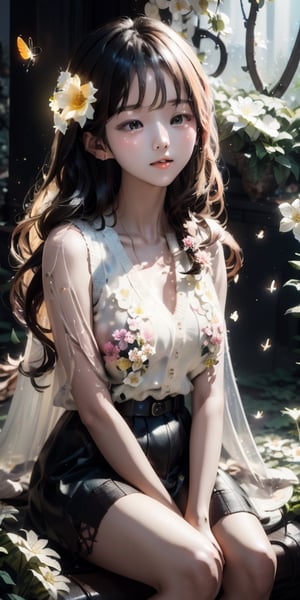 a cute korean girl large-eyed girl, bangs, long wavy hair, sitting on cloud, 
Kidney with flowers in a fantasy world,
octane rendering, ray tracing, 3d rendering, masterpiece, best Quality, Tyndall effect, good composition, highly details, warm soft light, three-dimensional lighting, volume lighting, Film light,firefliesfireflies