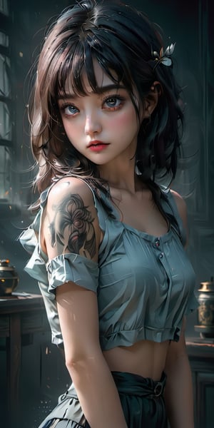 cute korean large-eyed girl, bangs,
tattoo style image feeling of hate, 
masterpiece, croquis, fairytale oil painting, dark atmosphere rough texture, dark details, beauty leg focus, black eyes, incredible quality, highly details, best Quality, cinematic quality, Tyndall effect, good composition, volume lighting, Film light, dynamic lighting, cinematic lighting, 