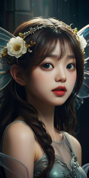 cute korean large-eyed girl,  
Photorealism of a fairy with large, detailed wings with a net-like structure and an iridescent sheen, giving them an almost holographic appearance. Her hair is styled with flowers and crystal embellishments which add to her ethereal beauty. The dark, foggy background gives the feeling of a mysterious or enchanted realm, enhancing the fairy's otherworldly presence. The overall atmosphere is one of dark fantasy and delicate beauty, 
masterpiece, highly details, best Quality, Tyndall effect, good composition, volume lighting, Film light, dynamic lighting, cinematic lighting, 

,               ,