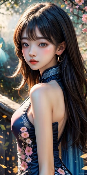 cute korean large-eyed girl, bangs, long wavy hair, 
(flowers:1.3),(zentangle:1.2), (dynamic pose), (abstract background:1.3), (chinese dress:1.2), (shiny skin), (many colors:1.4),jewelry, earrings,  
masterpiece, highly details, best Quality, Tyndall effect, good composition, free composition, spatial effects, lively and deep art, warm soft light, three-dimensional lighting, volume lighting, back lighting hair, Film light, dynamic lighting,

