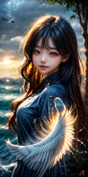 cute korean large-eyed girl,
motor vehicle, ground vehicle, car, vehicle focus, ice cream, bird, brown hair, seagull, food, ice cream cone, cloud, , blue eyes, open mouth, outdoors, smile, shirt, sky, driving, holding, holding food, short hair, dress, blue sky, ocean, blue shirt, 
masterpiece, highly details, best Quality, Tyndall effect, good composition, free composition, spatial effects, lively and deep art, warm soft light, three-dimensional lighting, volume lighting, back lighting hair, Film light, dynamic lighting,

