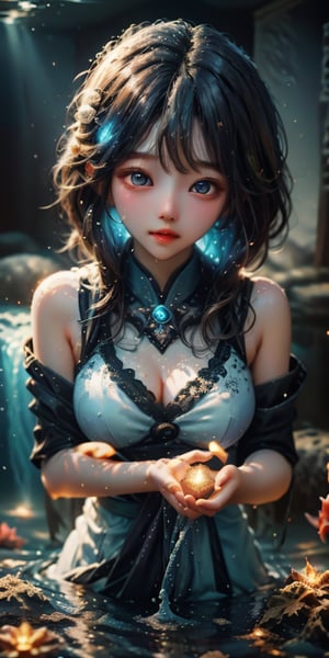 cute korean large-eyed girl,
Blue tones, rainbow gradient, light beam, underwater, 
masterpiece, best Quality, Tyndall effect, good composition, highly details, warm soft light, three-dimensional lighting, volume lighting, Film lighting, cinematic lighting, 

,Light particles and spark