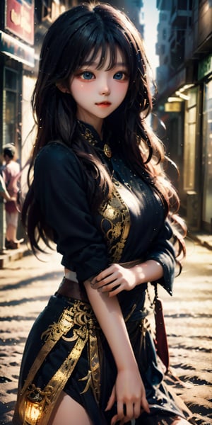 cute korean large-eyed girl, 
adventurer girl wearing gold jewelry in the streets of a city in the Western Sahara, fluid motion, 
masterpiece, best Quality, Tyndall effect, good composition, highly details, warm soft light, three-dimensional lighting, volume lighting, Film lighting, cinematic lighting, 
,     , ,