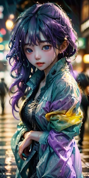 cute korean large-eyed girl, from below, 
a stunning girl with violet hair in a pastel raincoat, at a bustling crosswalk at night, wet reflections, 
masterpiece, best Quality, Tyndall effect, good composition, highly details, warm soft light, three-dimensional lighting, volume lighting, Film lighting, cinematic lighting, 

,  