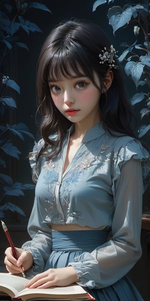 cute korean large-eyed girl, bangs, 
An open book sitting on top of a table, intricate alien botanicals, an indigo forest in korea, 
masterpiece, croquis, fairytale oil painting, beauty legs, dark atmosphere rough texture, highly details, best Quality, Tyndall effect, good composition, volume lighting, Film light, dynamic lighting, cinematic lighting, 
,               ,