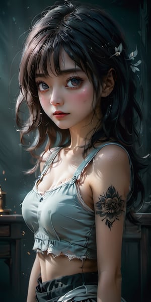 cute korean large-eyed girl, bangs,
tattoo style image feeling of hate, 
masterpiece, croquis, fairytale oil painting, dark atmosphere rough texture, dark details, beauty leg focus, black eyes, incredible quality, highly details, best Quality, cinematic quality, Tyndall effect, good composition, volume lighting, Film light, dynamic lighting, cinematic lighting, 