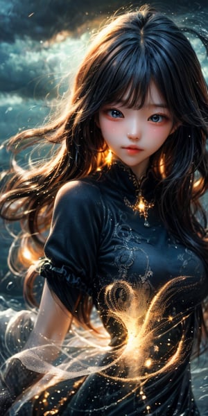 cute korean large-eyed girl,
 floating, dynamic angle, very strong wind, windy, typhoon, hurricane, storm, , floating hair, tropical island, , beautiful scenary, 
masterpiece, highly details, best Quality, Tyndall effect, good composition, free composition, spatial effects, lively and deep art, warm soft light, three-dimensional lighting, volume lighting, back lighting hair, Film light, dynamic lighting,

