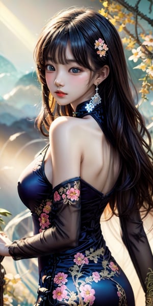cute korean large-eyed girl, bangs, long wavy hair, 
(flowers:1.3),(zentangle:1.2), (dynamic pose), (abstract background:1.3), (chinese dress:1.2), (shiny skin), (many colors:1.4),jewelry, earrings,  
masterpiece, highly details, best Quality, Tyndall effect, good composition, free composition, spatial effects, lively and deep art, warm soft light, three-dimensional lighting, volume lighting, back lighting hair, Film light, dynamic lighting,


,