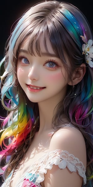 cute korean large-eyed girl, bangs, 
multi color hair, wavy hair, straught hair, wavy hair, multi style hair, (1girl), extremely detailed, (fractal art ), (colorful:1.1), (flowers:1.3), (zentangle:1.2), (seductive pose), (abstract background:1.2 ), (many colors:1.4), (feathers:1.3), (look at the viewer:1.2),semi nudy , full body:1.3, snfw:1.4, smile, erotic:1.3, perfect anatomy, looking at viewer. multi color lights, rainbow backgorund, , gold melt, silvers, neon lights backgorund..(floating colorful water:1.4),  
masterpiece, highly details, best Quality, Tyndall effect, good composition, volume lighting, Film light, dynamic lighting, cinematic lighting, 
,               ,