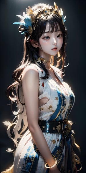 a cute korean girl large-eyed girl, bangs, long wavy hair,  
A white skin mayan queen all blue and gold elaborate outfit, with huge headpiece center piece, blue/gold makeup with oversized headdress with long bird feathers, with depth of field, fantastical edgy and regal themed outfit, ,
octane rendering, ray tracing, 3d rendering, masterpiece, best Quality, Tyndall effect, good composition, highly details, warm soft light, three-dimensional lighting, volume lighting, Film light