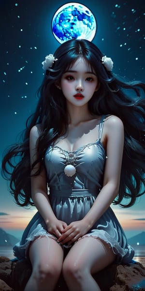 cute korean girl, sitting, 
romantic dark fantasy novel illustration of a Gothic ghost girl stands under the stars and moon, anatomically correct hands, perfect hands, perfect faces, dreamy, candy clouds, 
masterpiece, highly details, best Quality, Tyndall effect, good composition, volume lighting, Film light, dynamic lighting, cinematic lighting, 
,               , 