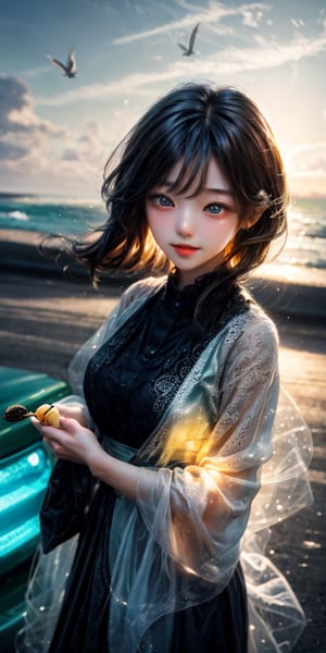 cute korean large-eyed girl,
motor vehicle, ground vehicle, car, vehicle focus, ice cream, bird, brown hair, seagull, food, ice cream cone, cloud, , blue eyes, open mouth, outdoors, smile, shirt, sky, driving, holding, holding food, short hair, dress, blue sky, ocean, blue shirt, 
masterpiece, highly details, best Quality, Tyndall effect, good composition, free composition, spatial effects, lively and deep art, warm soft light, three-dimensional lighting, volume lighting, back lighting hair, Film light, dynamic lighting,

