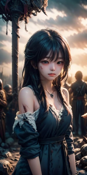 cute korean large-eyed girl, 
In the center of the image stands a saddened girl, her expression filled with sorrow and loss. She has long, flowing black hair with bangs that partially cover her eyes. Her eyes are a deep, expressive blue, reflecting her sadness. She is wearing a tattered, white dress stained with dirt and blood, symbolizing the chaos and suffering of the battle. Around her neck, she has a delicate silver pendant. She is surrounded by numerous crosses marking the graves of fallen warriors. The sky is overcast, with dark clouds adding to the somber mood. The ground is littered with remnants of the battle, such as broken weapons and armor, 
masterpiece, best Quality, Tyndall effect, good composition, highly details, warm soft light, three-dimensional lighting, volume lighting, Film lighting, cinematic lighting, 
,      ,