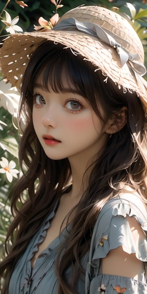 cute korean large-eyed girl, bangs, 
botanical garden, dappled sunlight, exotic flora, straw hat, boho maxi dress, loose wavy hair, curious, focused look, sketching flowers, butterflies fluttering,  
masterpiece, highly details, best Quality, Tyndall effect, good composition, volume lighting, Film light, dynamic lighting, cinematic lighting, 
,               ,